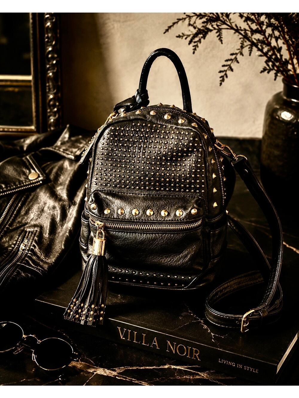 Bebe Studded Mini Backpack Black Faux Leather Tassel Y2K Moto Rock Glam Bag